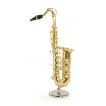 Saxofón metálico decorativo miniatura 17 centimetros. Con soporte metálico y estuche